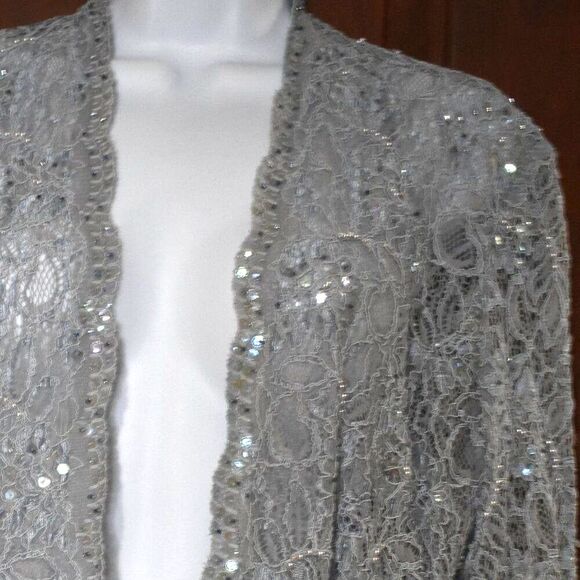 Karen Miller VTG Sequin Blazer L Light Blue Sheer Open Cardigan Glam Beaded - Picture 5 of 16